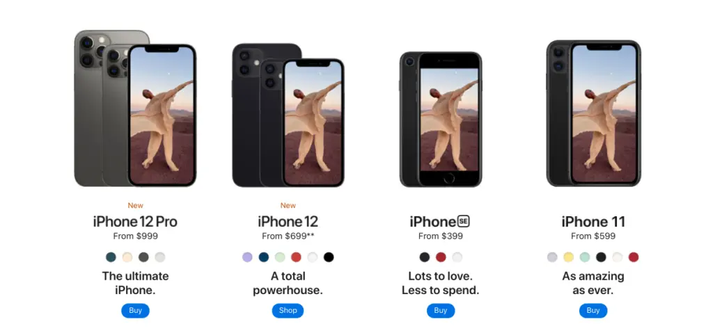 Apple iPhone 12 and iPhone 11 product comparison showing different models and pricing.