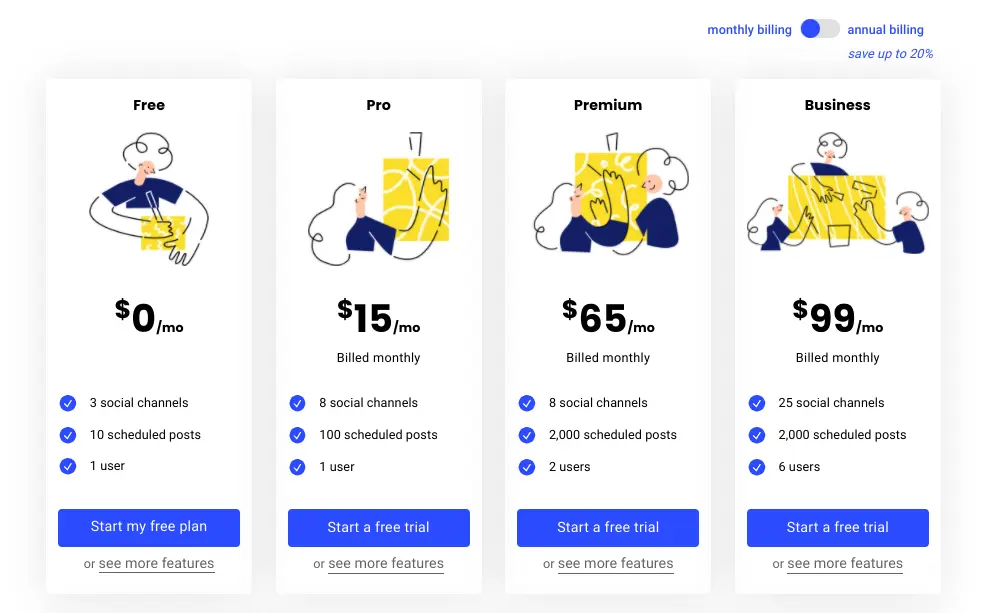 Buffer pricing page displaying subscription plans and features.