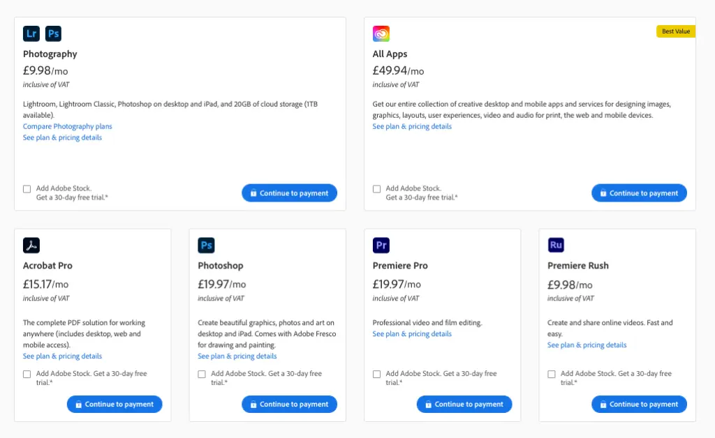 Adobe pricing plans with monthly rates for various tools