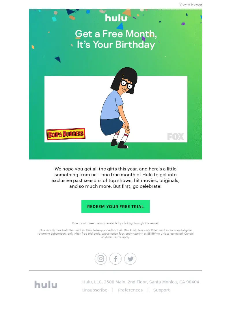 Hulu email promotion offering a free month for birthday celebration.