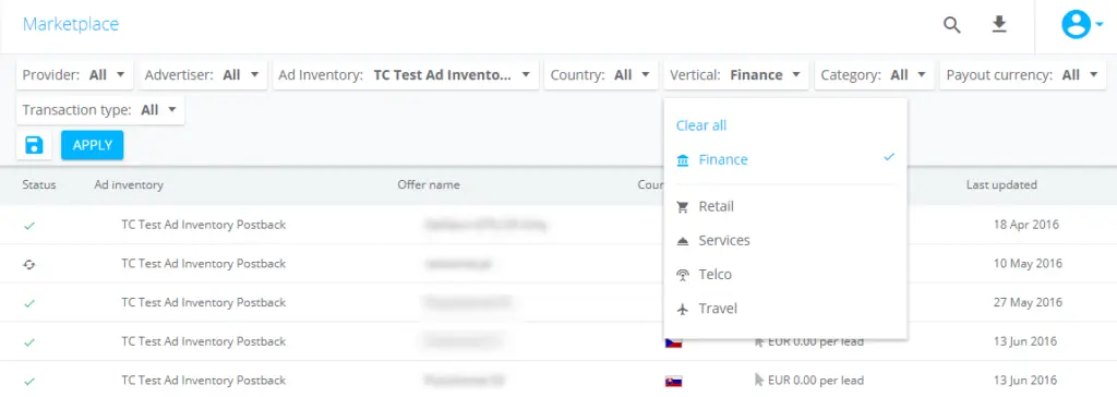 Marketplace dashboard showing ad inventory categories and details.