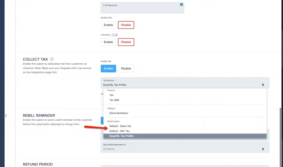 EasyTax configuration settings for sales tax and VAT profiles.