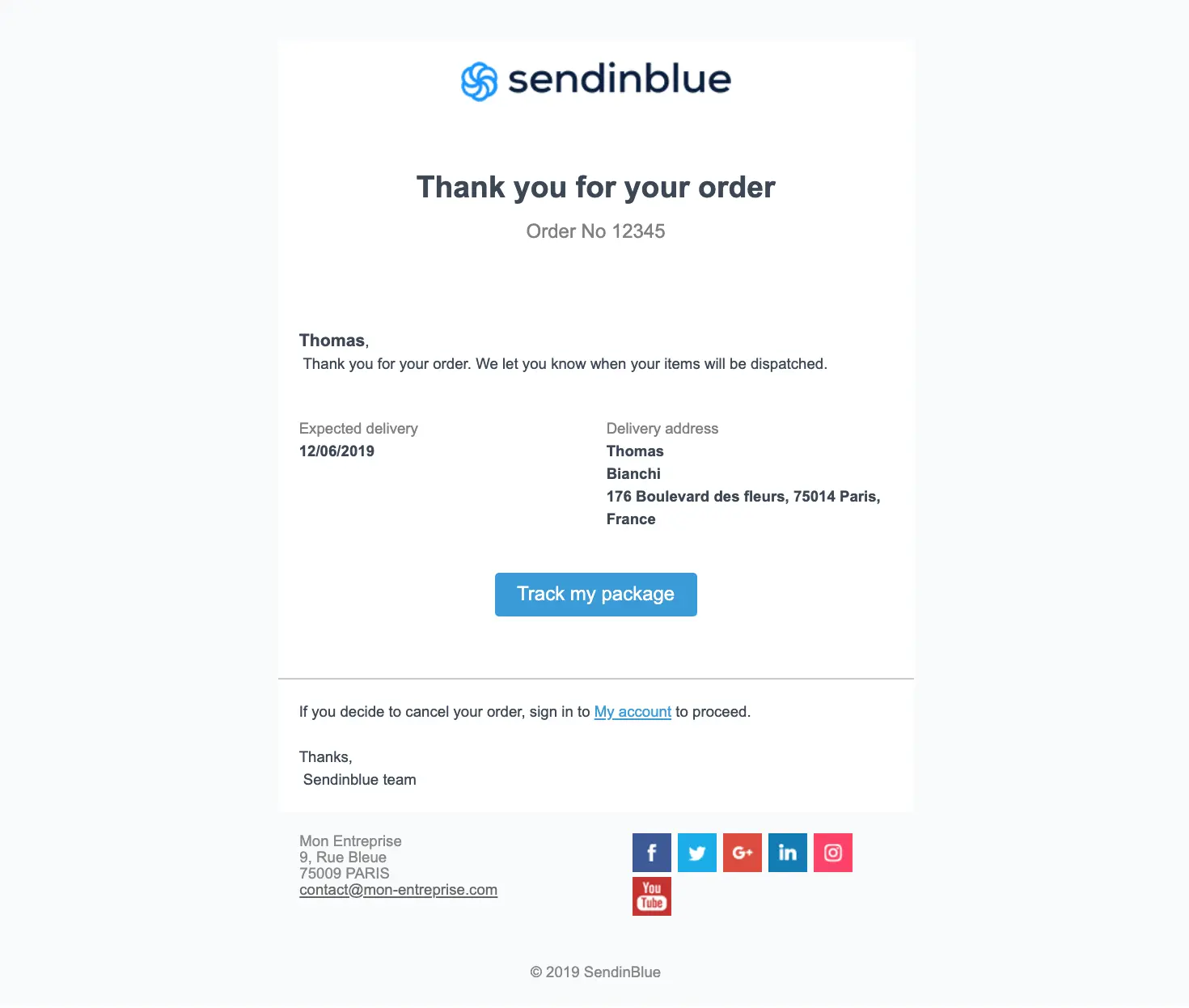 Sendinblue transactional email template confirming an order.