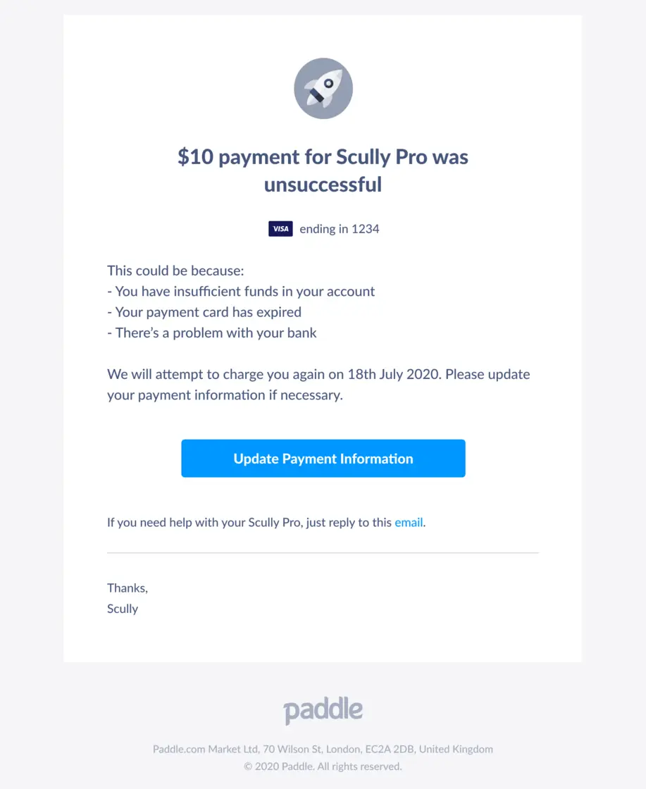 Paddle payment failure notification for Scully Pro.