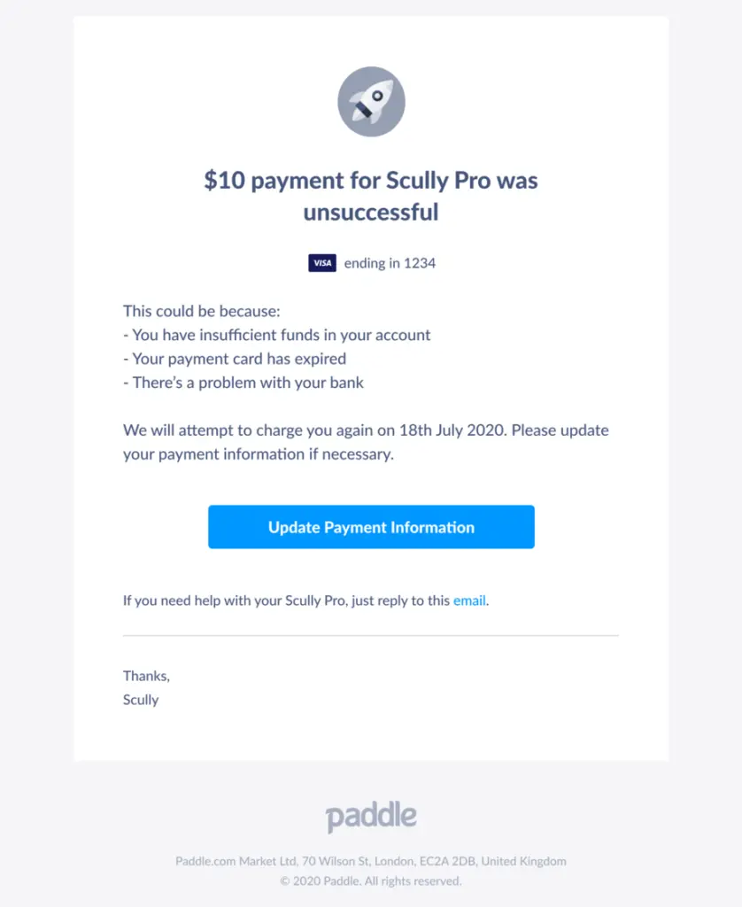 Paddle payment failure notification email template.