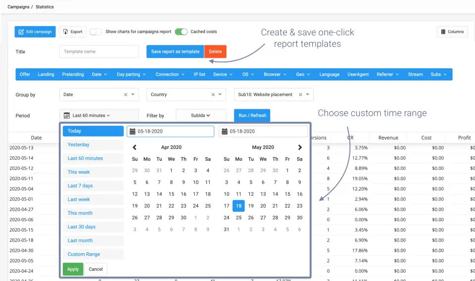 RedTrack campaign statistics showing report template options and date range selection.