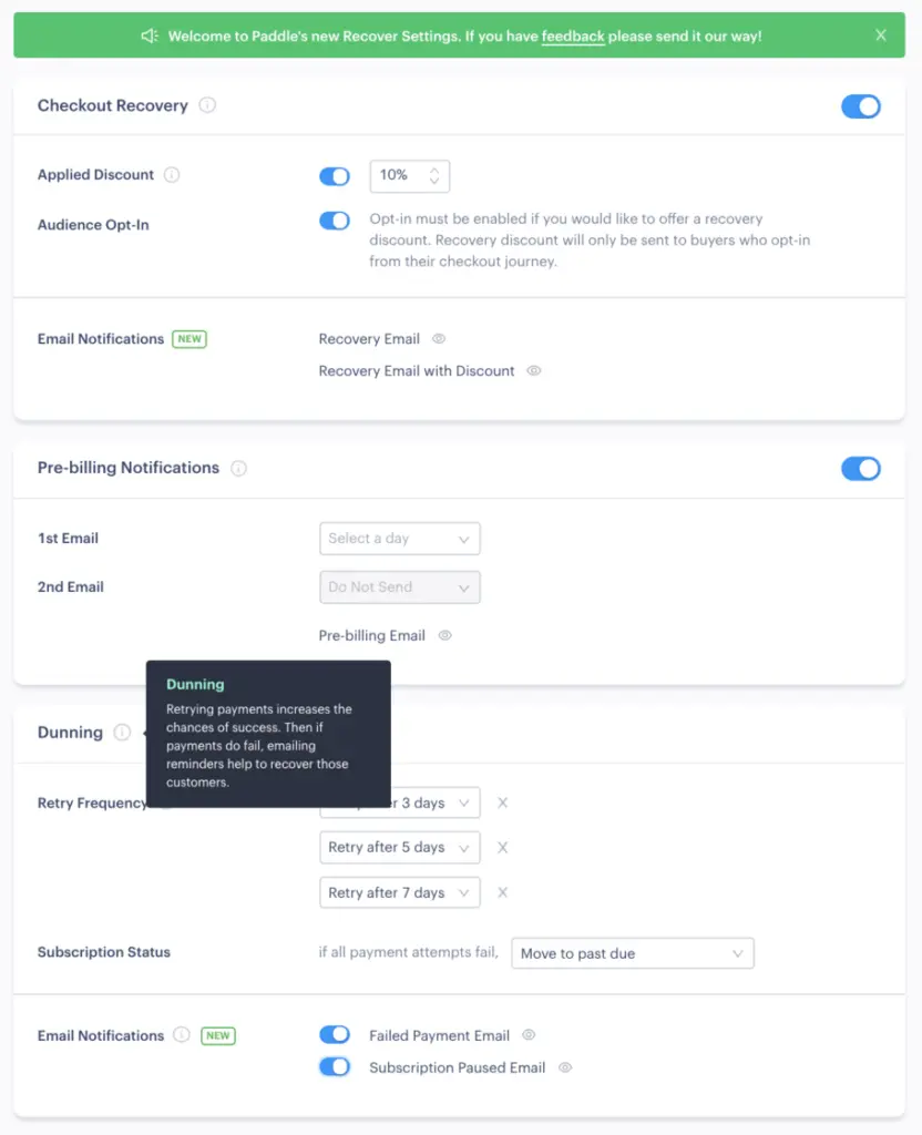 Paddle checkout recovery settings showing applied discounts and pre-billing notifications.