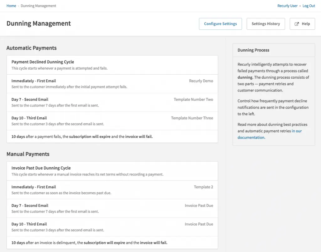Recurly dunning management settings showing automatic and manual payment options.
