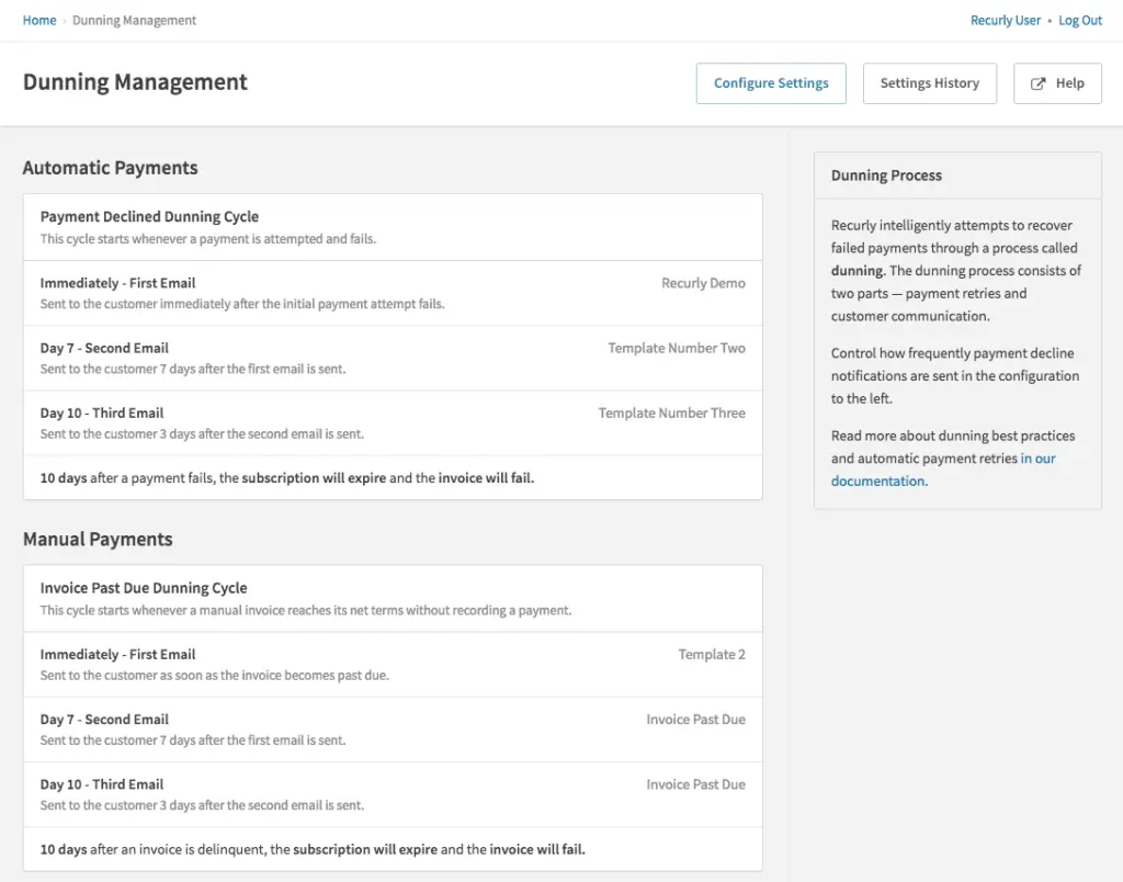 Recurly dunning management settings showing automated payment notifications.