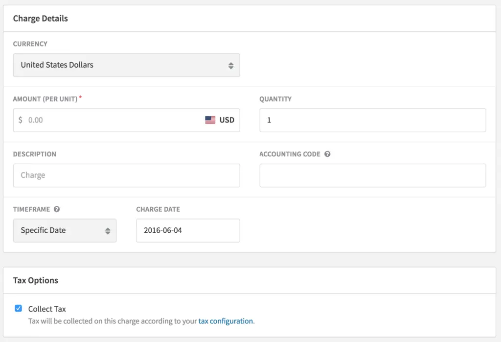 Recurly charge details interface showing tax collection options.