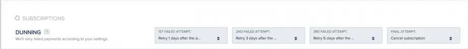 PayKickstart dunning feature settings showing retry attempts for subscriptions.