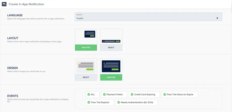 ActiveCampaign in-app notification settings for payment-related events.