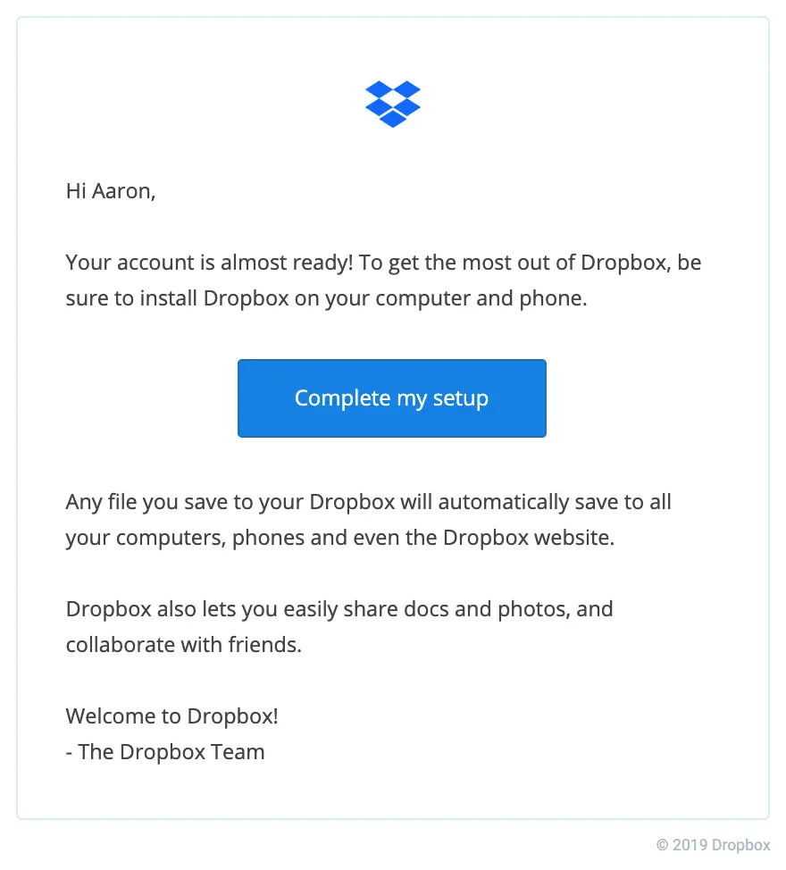 Dropbox account setup email encouraging installation and offering assistance.