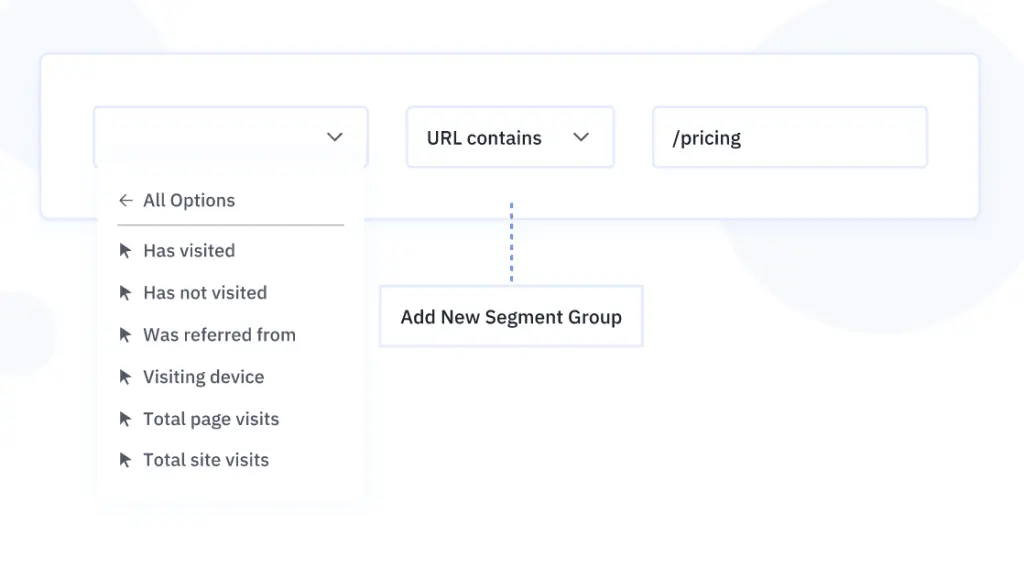 ActiveCampaign segmentation options showing criteria for audience targeting.