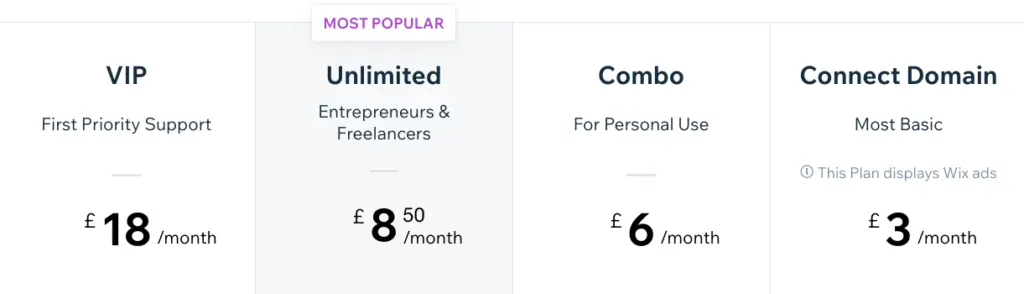 Wix pricing page showing various premium plans and their features.