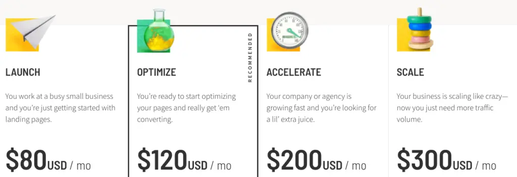 Unbounce pricing plans highlighting features and monthly costs.