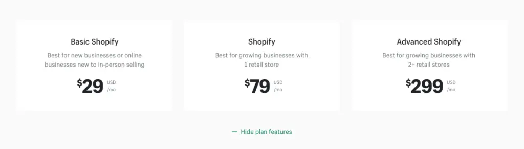 Shopify pricing plans comparison showing features for different tiers.
