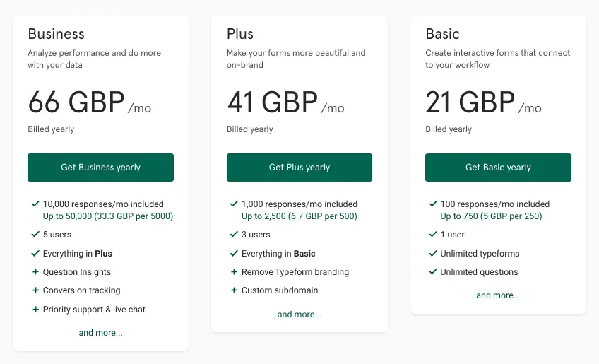 Typeform pricing plans displaying user limits and features.