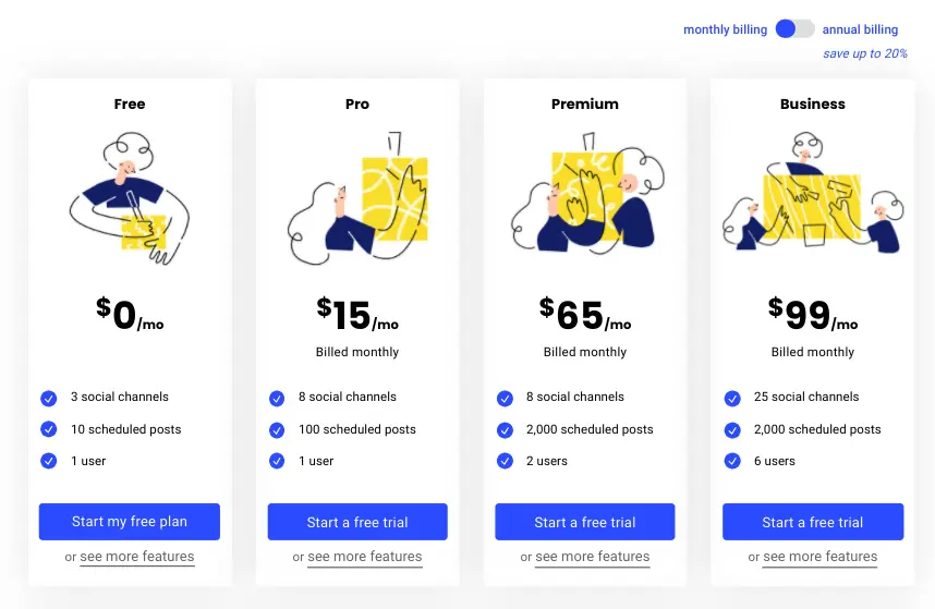 Buffer pricing page showing different subscription plans and features.