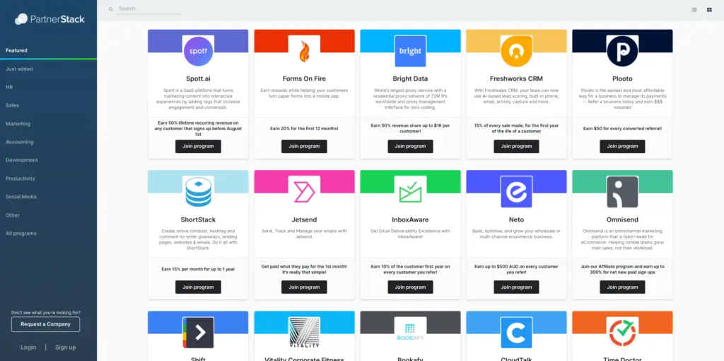 PartnerStack Marketplace displaying various affiliate programs available to join.