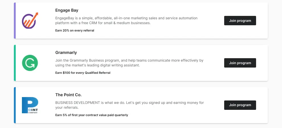 PartnerStack program overview with details for Engage Bay, Grammarly, and The Point Co.