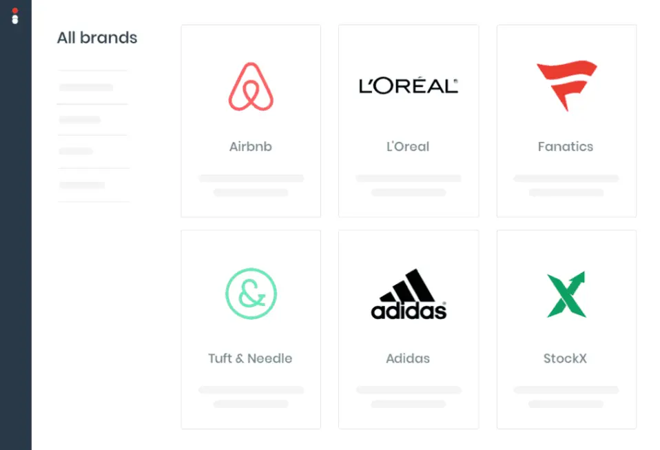 Airbnb, L'Oréal, Fanatics, Tuft & Needle, Adidas, StockX brand icons on a metrics dashboard.