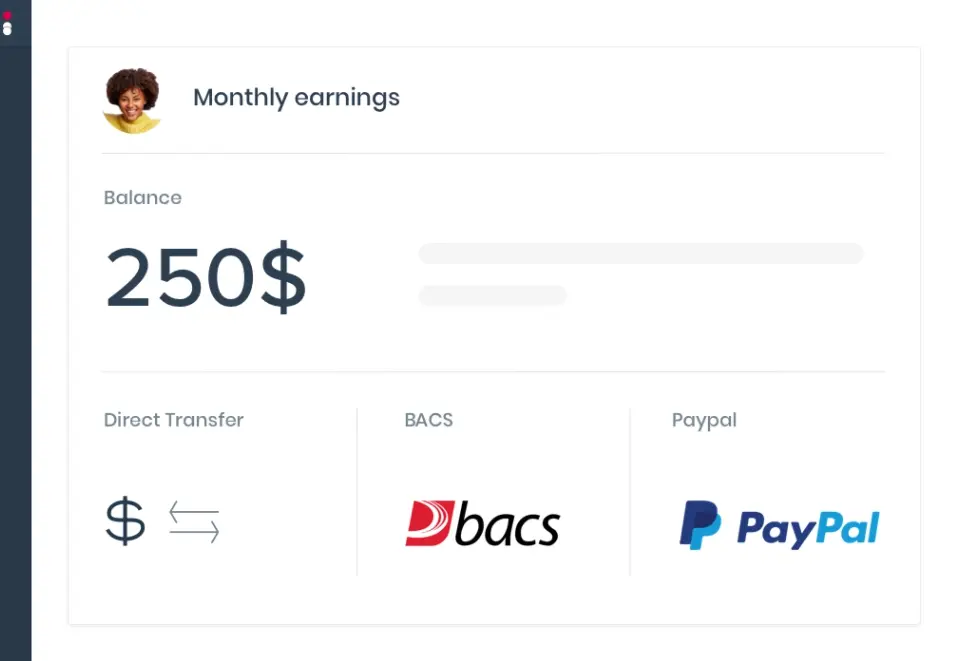 Impact dashboard showing monthly earnings and payment options.