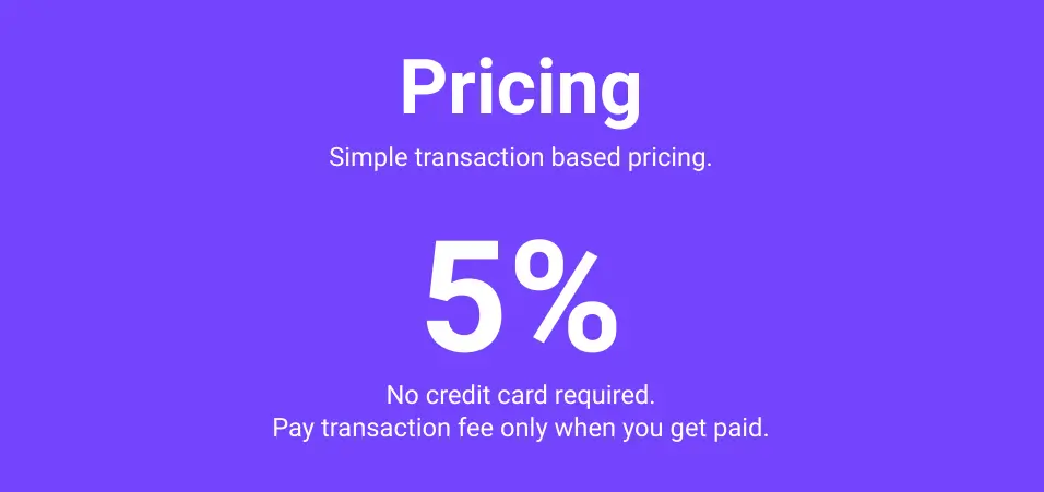 Pricing details highlighting a 5% transaction fee and conditions.