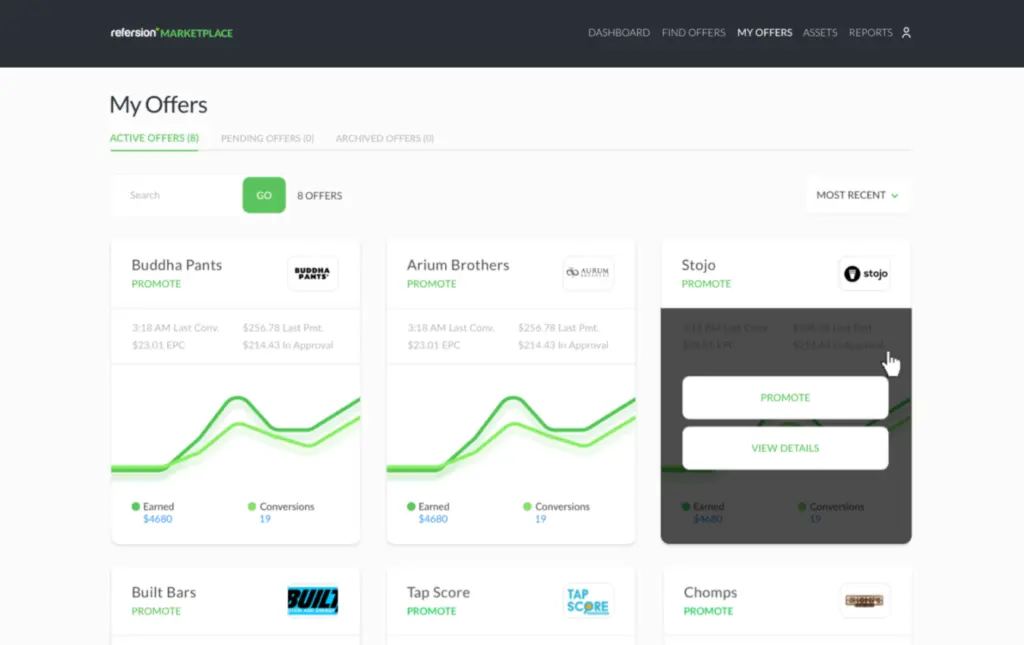 Refersion dashboard showing active offers and conversions metrics.