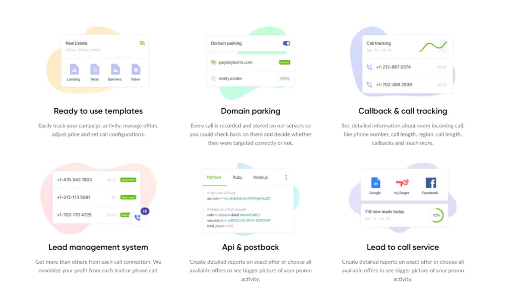 rketcall showing various features like lead management, call tracking, and domain parking.