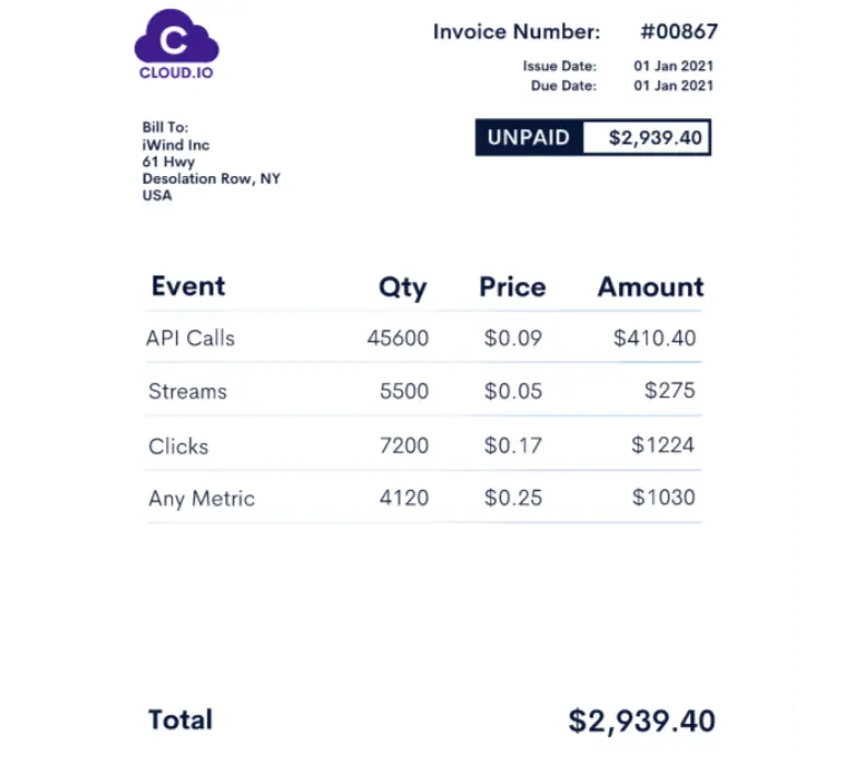 Cloud.io invoice summary showing various service charges and total amount due.