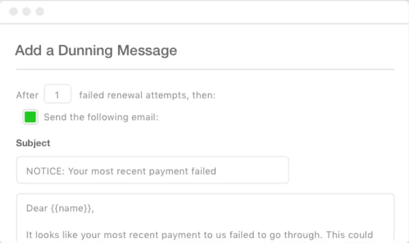 Maxio dunning message setup showing email subject for failed payment notifications.
