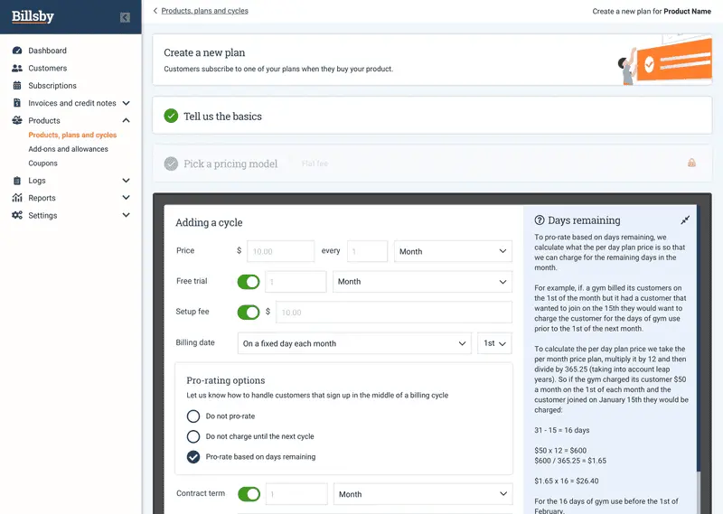 Billsby plan creation interface showing the setup of pricing models and billing cycles.