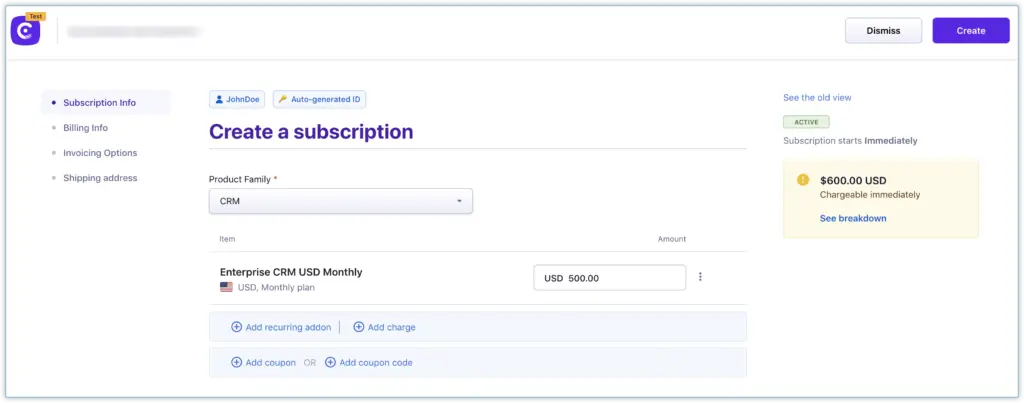 Chargebee subscription creation interface showing product family and pricing options.