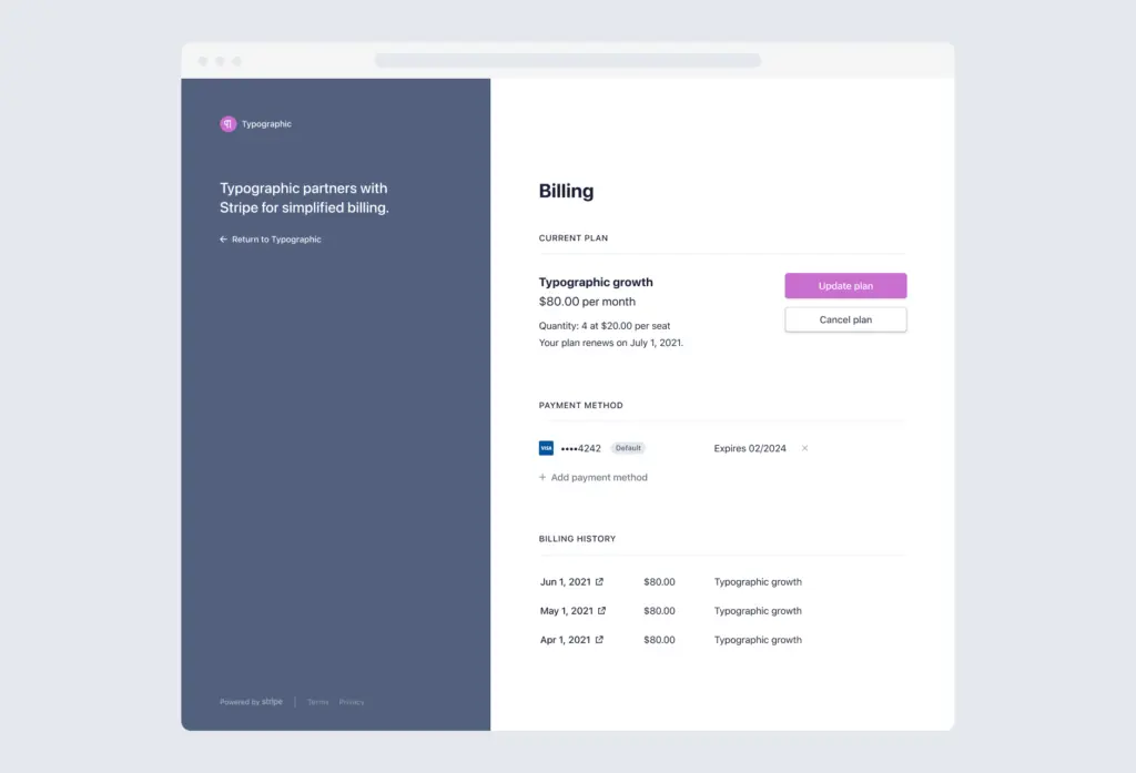 Typographic billing dashboard showing subscription and payment details.