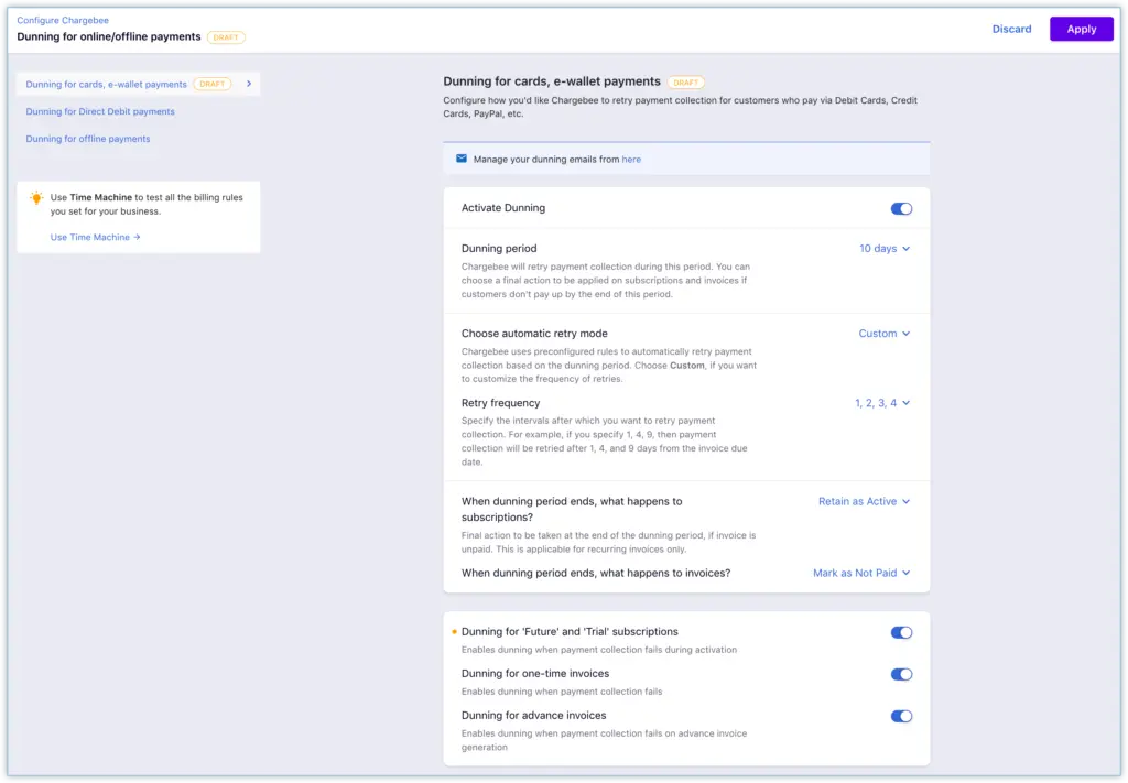 Chargebee dunning configuration settings for managing failed payments.