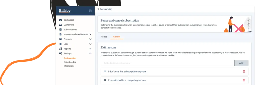 Billsby configuration screen showing subscription pause and cancellation options.