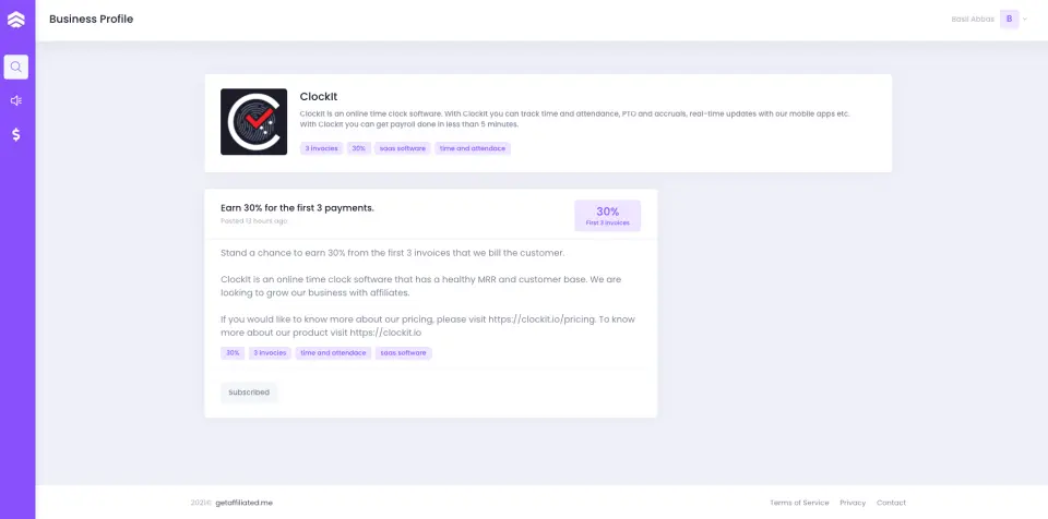 Clockit platform showing the pricing and commission structure for affiliate partners.