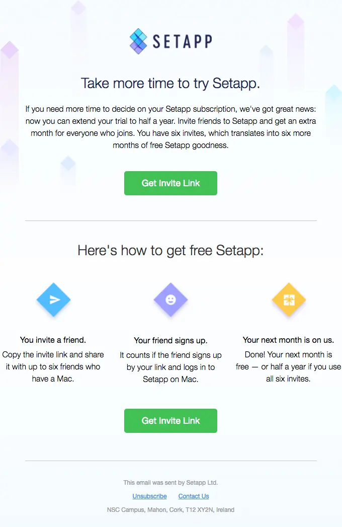 SETAPP referral program instructions and benefits for inviting new users.