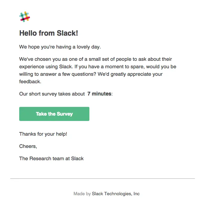Slack survey invitation asking for user feedback.