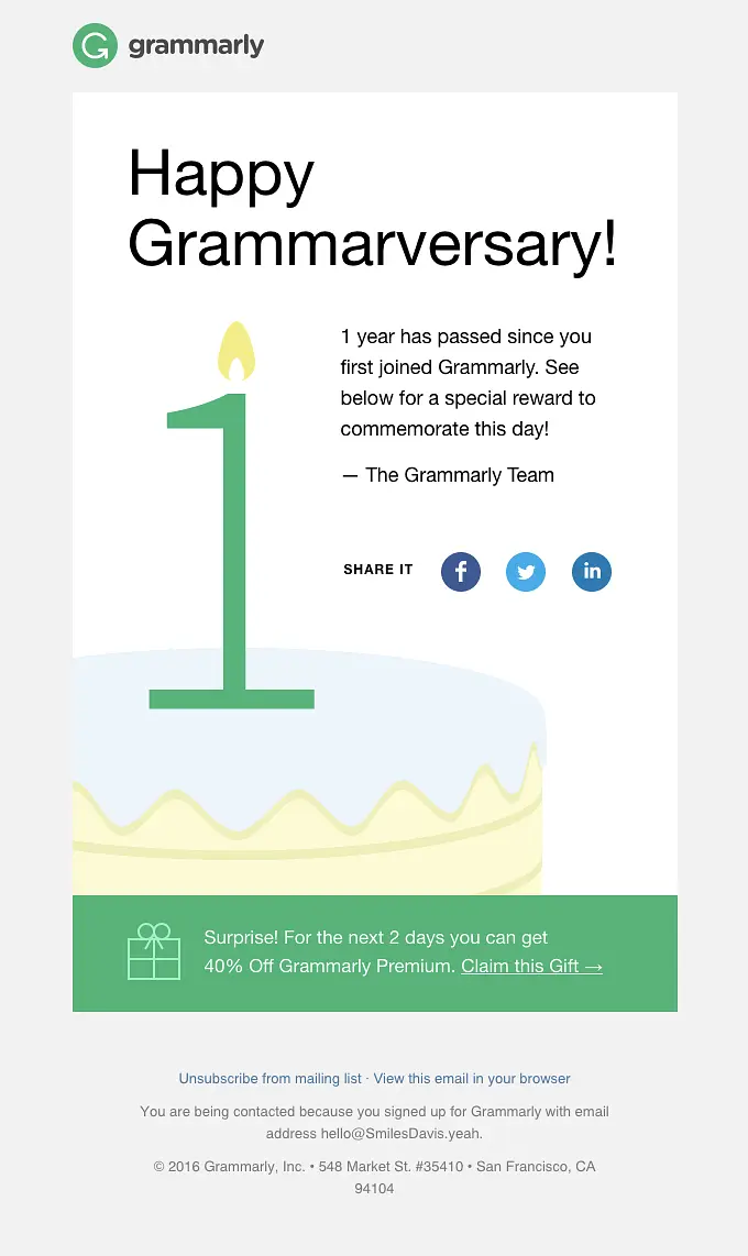 Grammarly email celebrating a user's one-year anniversary with a cake and a candle.