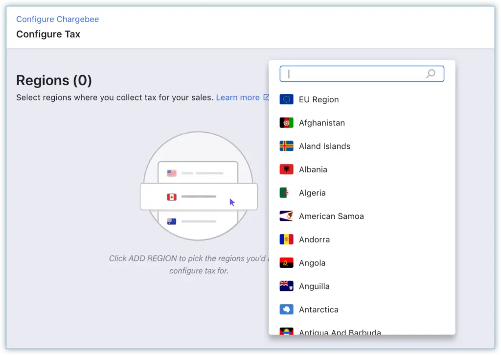 Chargebee tax management system showing regions for sales tax configuration.