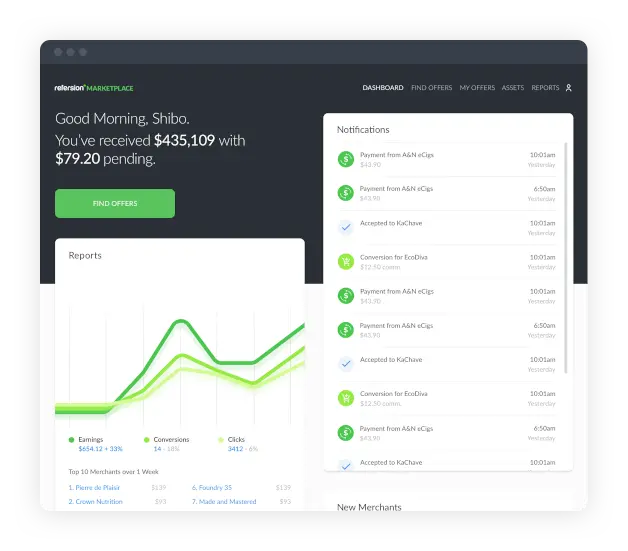 Refersion Marketplace dashboard showing earnings, conversions, and clicks.