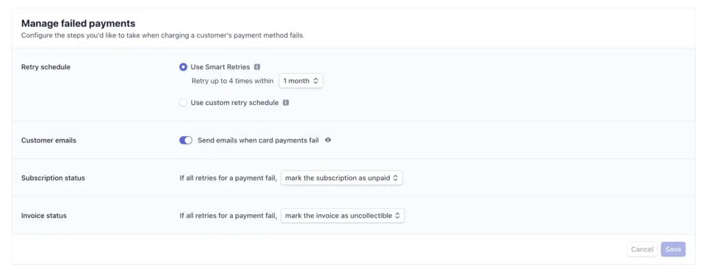 Chargebee payment management settings for configuring retry schedule and customer email notifications.