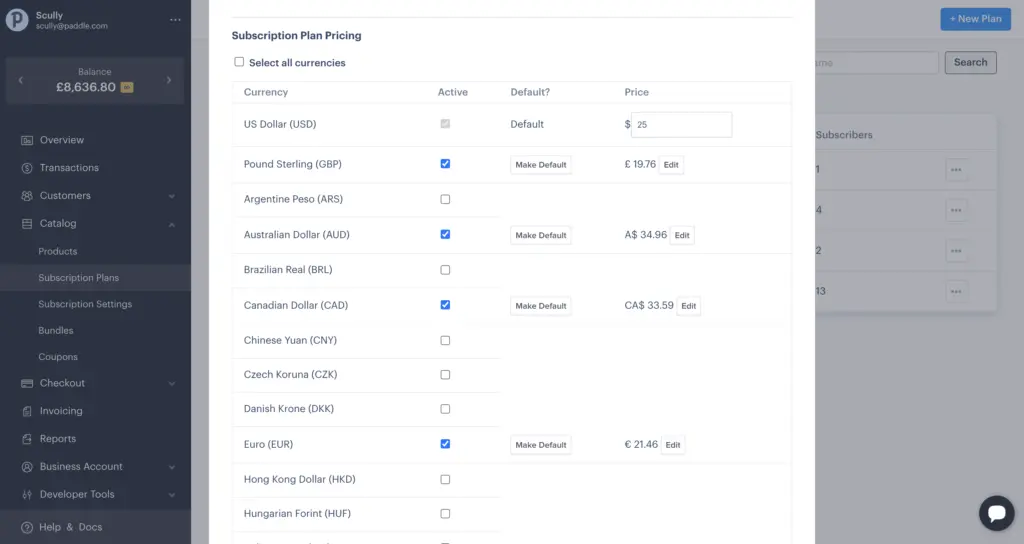 Scully subscription plan pricing and currency selection interface.