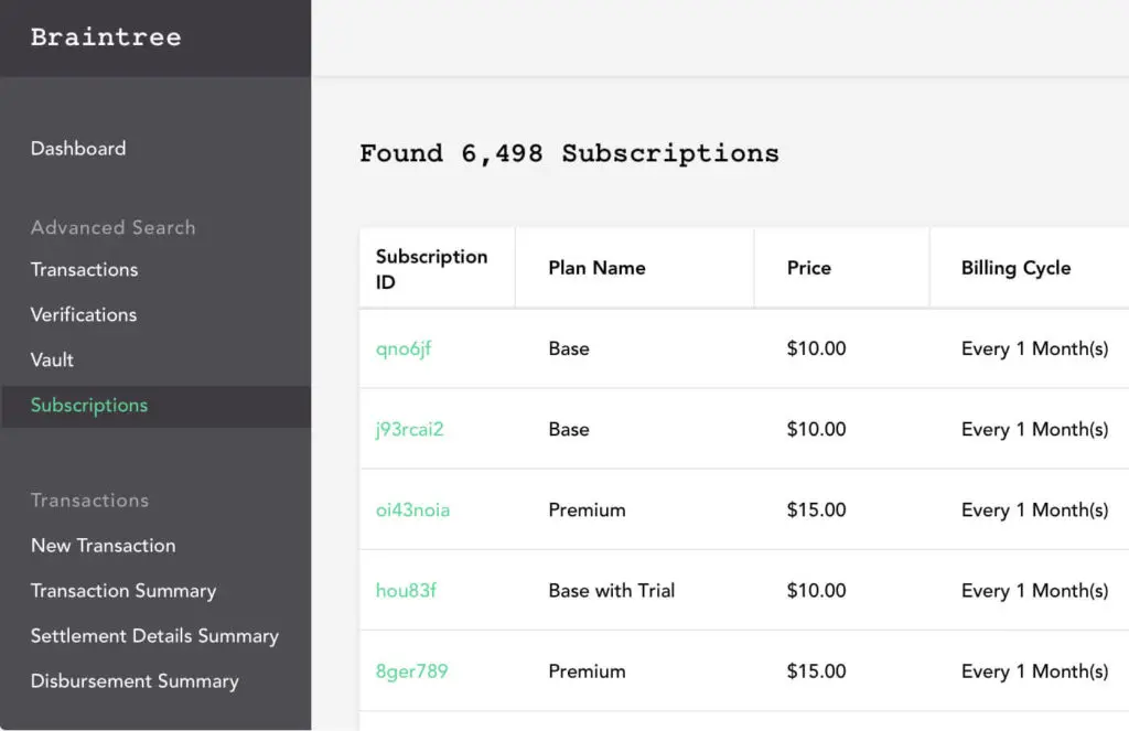 Braintree subscriptions management showing a list of active subscriptions.