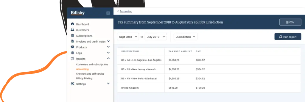Billsby accounting dashboard showing tax summary by jurisdiction.