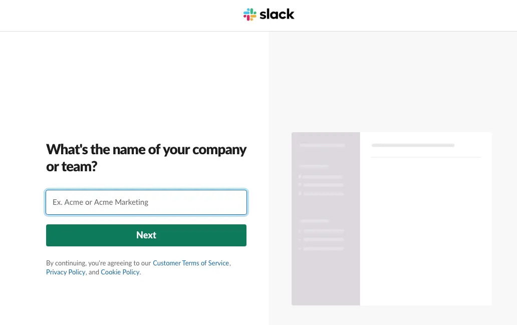 Slack onboarding screen prompting for company name.