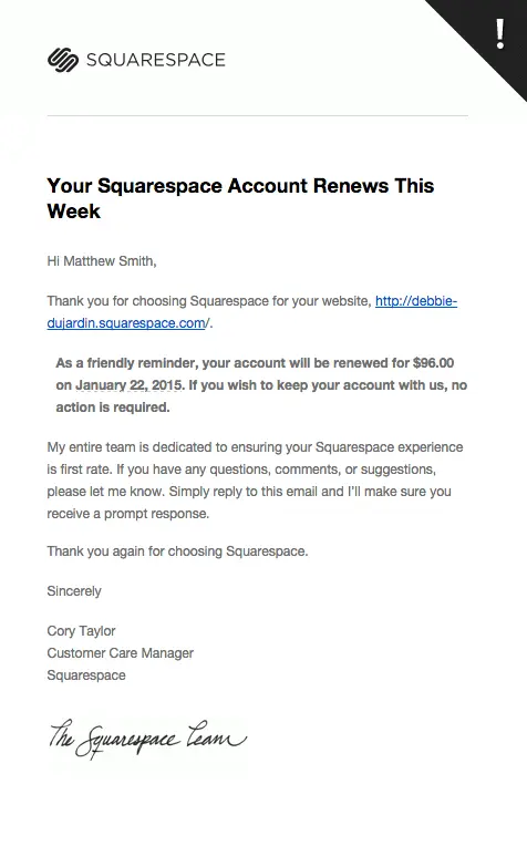 Squarespace account renewal notification with pricing details.