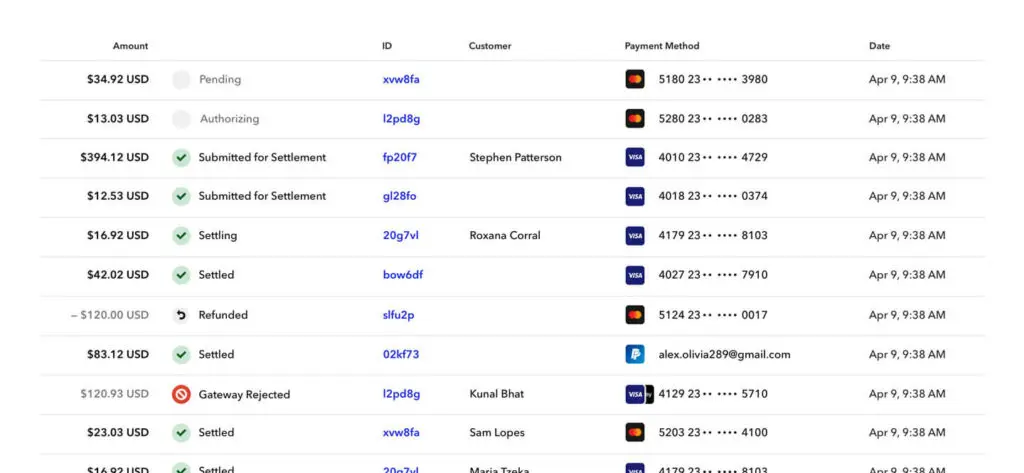 Advanced transaction search showing payments filtered by various criteria.